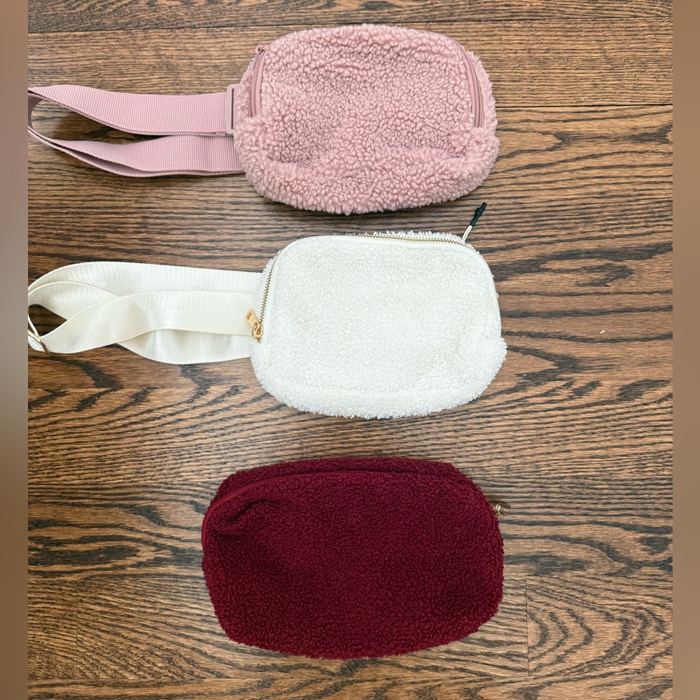 New 3 Fanny pack belt bag Sherpa fleece pink cream makeup travel bag maroon red